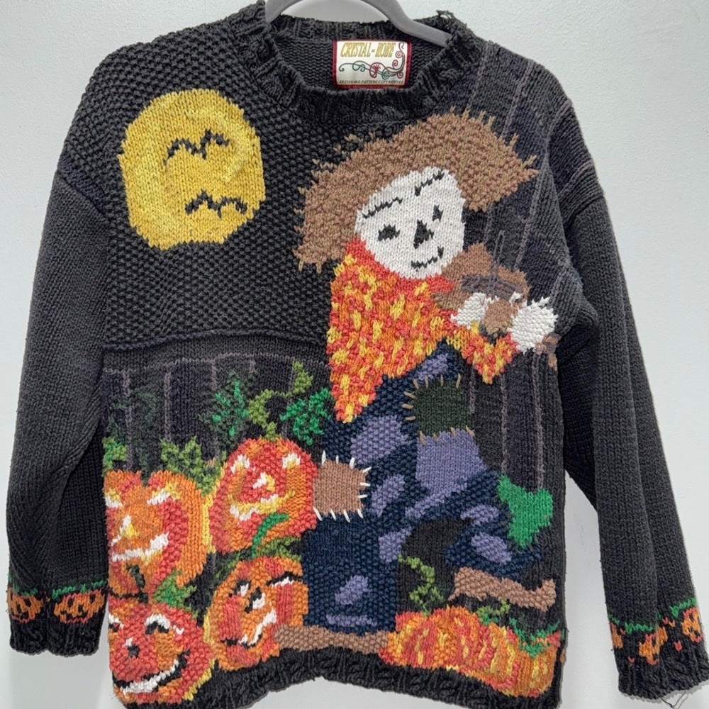 Vintage 90s Crystal Kobe Halloween Sweater M Scarecrow Pumpkin Fiddle Knit